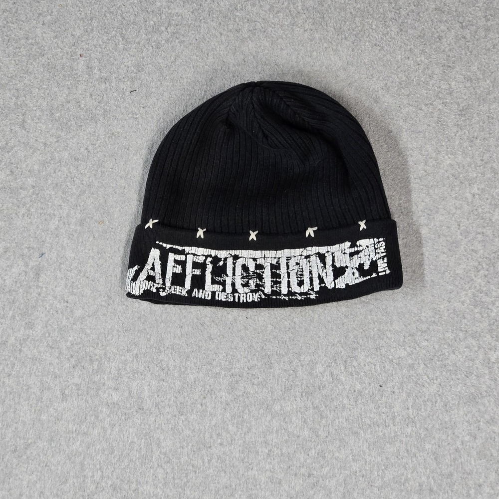 Affliction Men Beanie OS Black Logo Distressed Grunge Stitching READ
